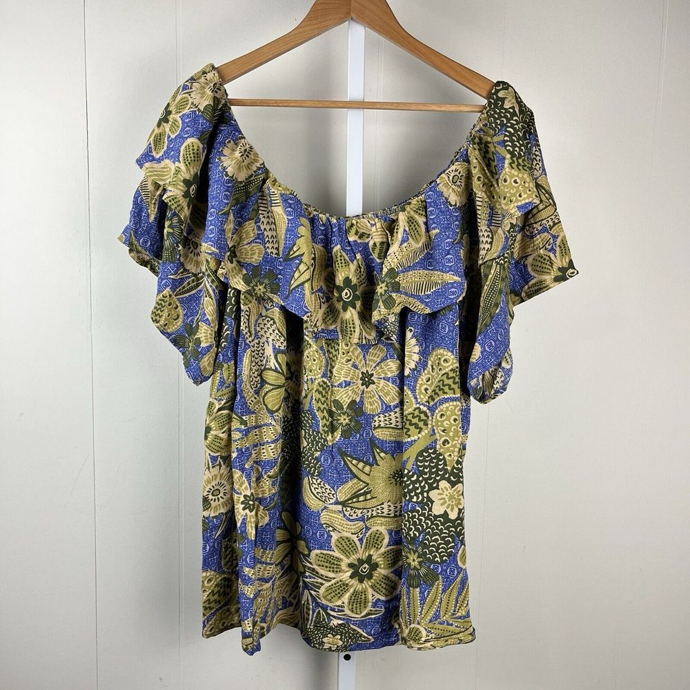 City Chic Ruffle Blouse Womens 3XL‎ Blue Green Floral Off Shoulder Top Resort